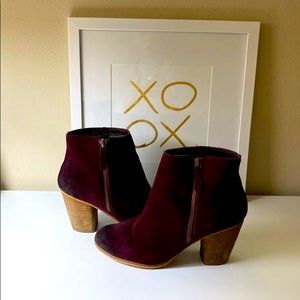 BP brass plum maroon suede booties